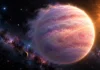 This Giant Planet Is as Light as Cotton Candy, and Astronomers Can’t Explain It Artist's impression of a giant super-puff exoplanet with a fluffy cotton-candy-like atmosphere glowing in shades of pink, peach, and violet as it orbits a bright star in deep space.